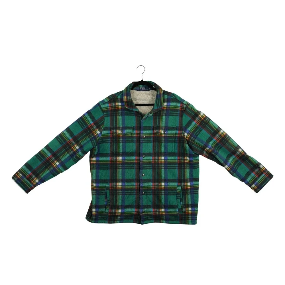 Polo Ralph Lauren Sherpa Lined Shirt Jacket Shacket Men's Size‎ XL Green Plaid